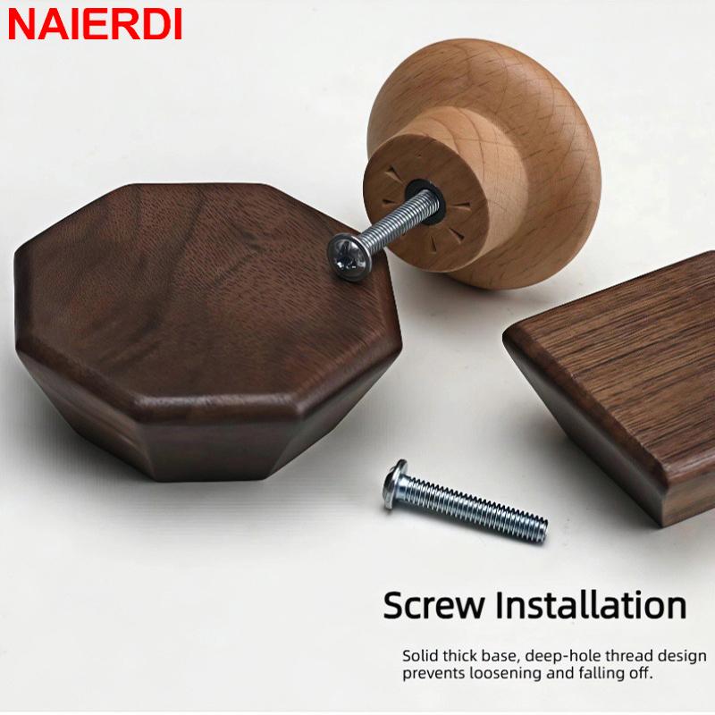 NAIERDI Solid Wood Cabinet Handles Modern Single Hole Wooden Pulls Octagon Round Knobs for Kitchen Cupboard Wardrobe Hardware