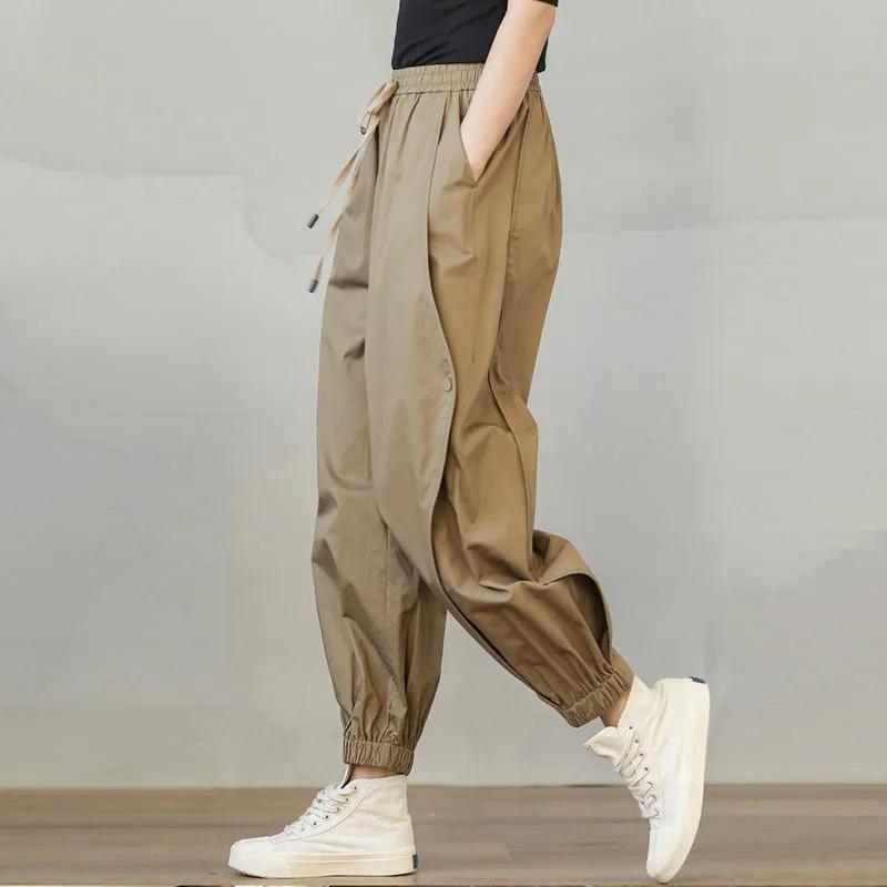 Spring and Summer Pure Cotton Japanese Tooling Nine-point Harem Pants Women's Drawstring Elastic Loose Casual Drawstring Bloomers