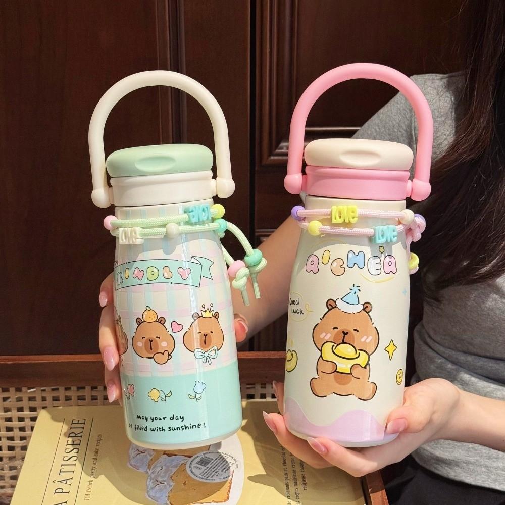 Cute 600ml Capybara Insulated Cup with Lanyard with Straw Thermal Water Bottle Handle Stainless Steel Car Coffee Cup Gifts