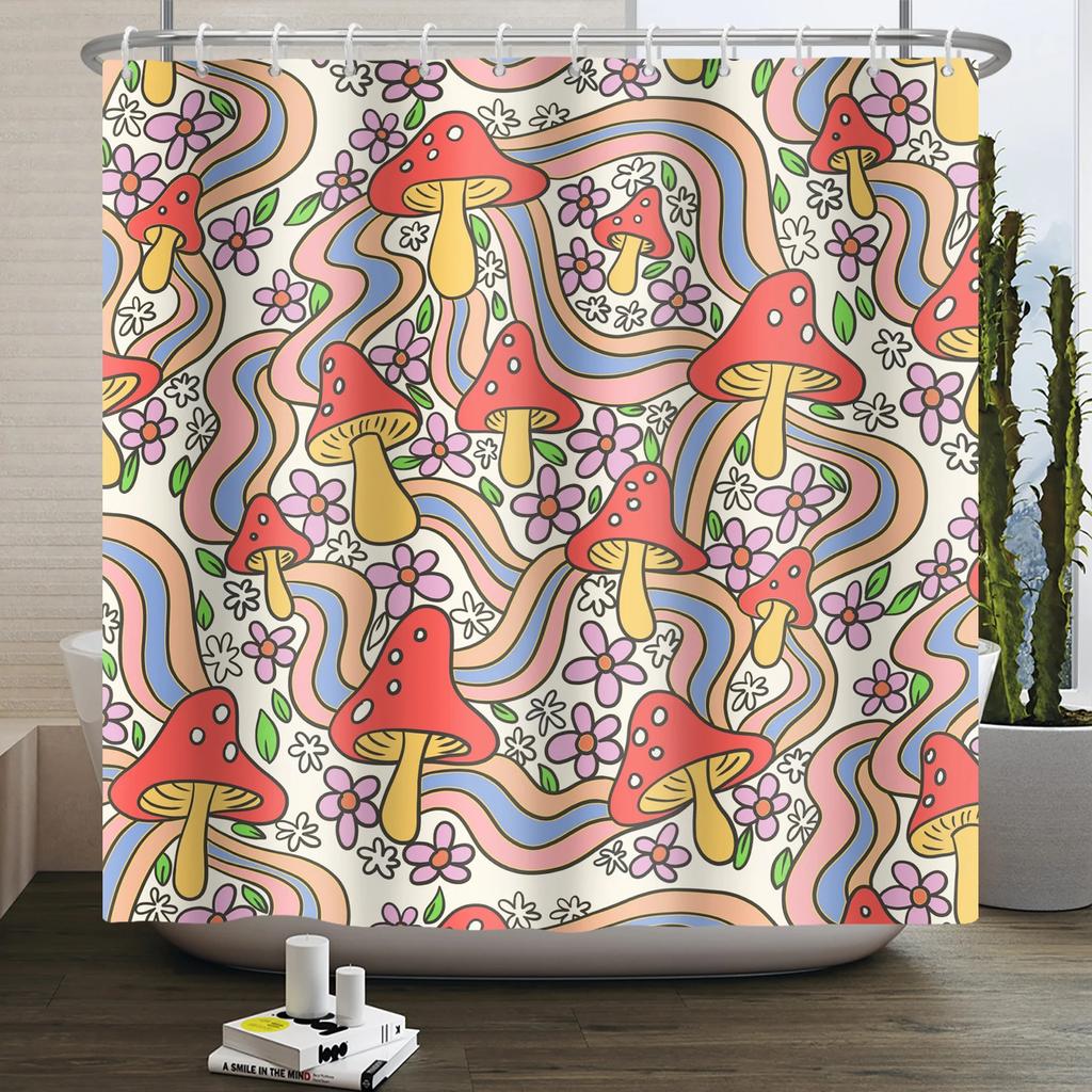 70s Retro Rainbow Shower Curtain Hippy Funky Cartoon Mushroom Floral Bathroom Curtain Polyester Waterproof Fabric Bathtub Screen