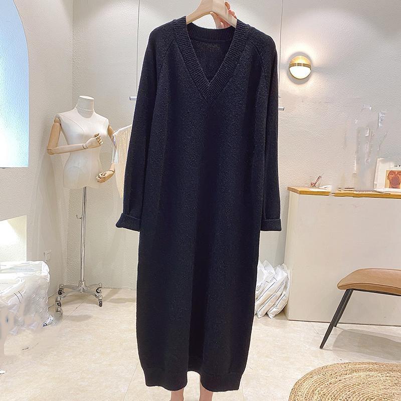 Plus Size Sweater Skirt Over The Knee Women's Autumn and Winter with Lazy Style Loose V-neck Bottoming Knitted Dress
