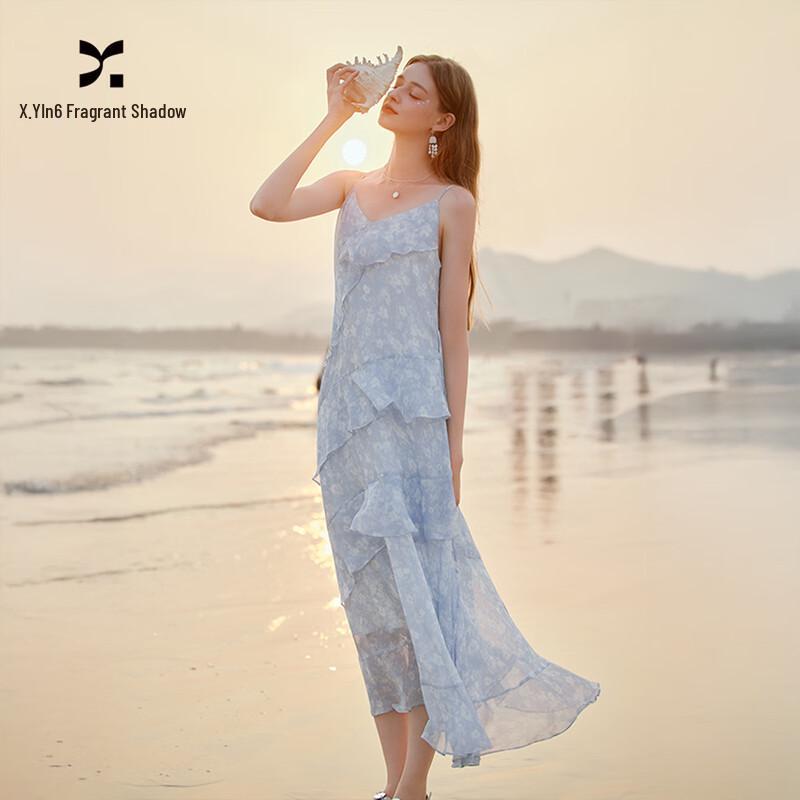 Xiangying Blue Floral V-Neck Strappy Dress S