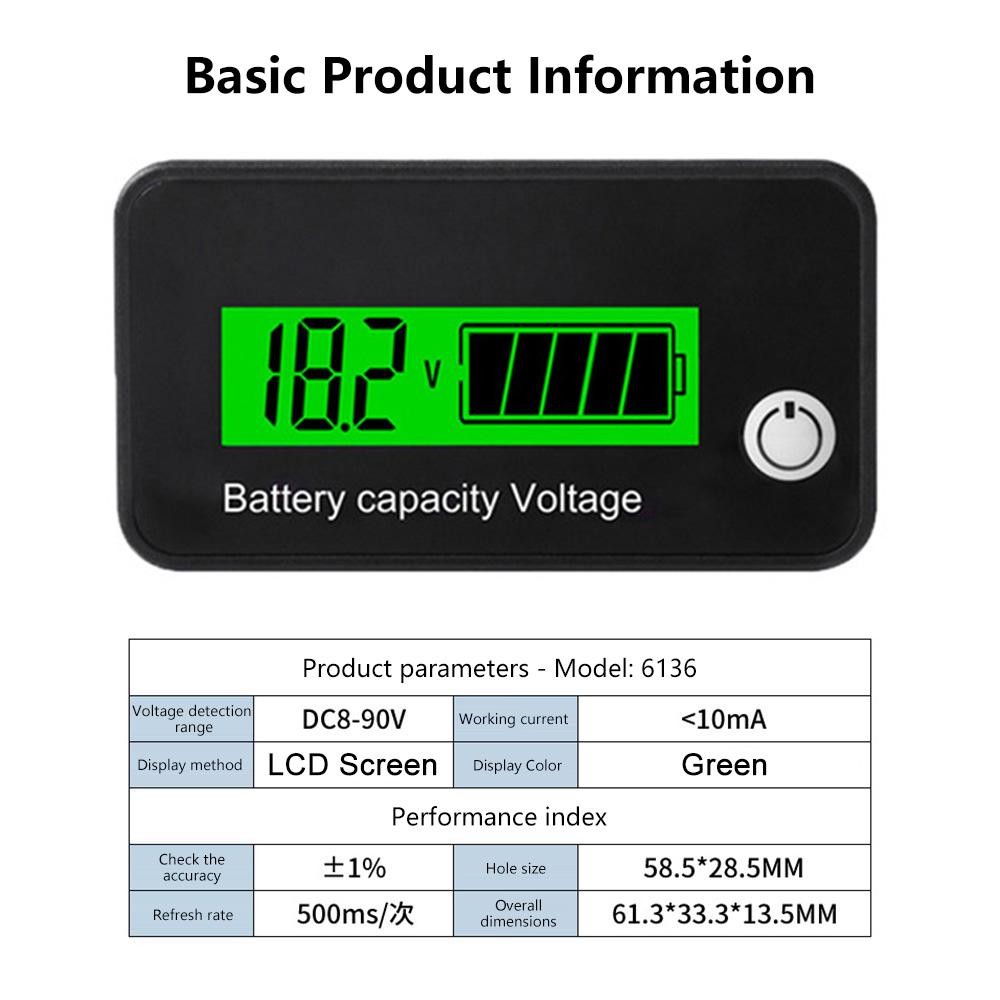 6136 Battery Capacity Indicator DC Voltmeter DC 8V-90V Lead Acid Lithium LiFePO4 Battery Tester Power Display Meter 12V 24V 48V