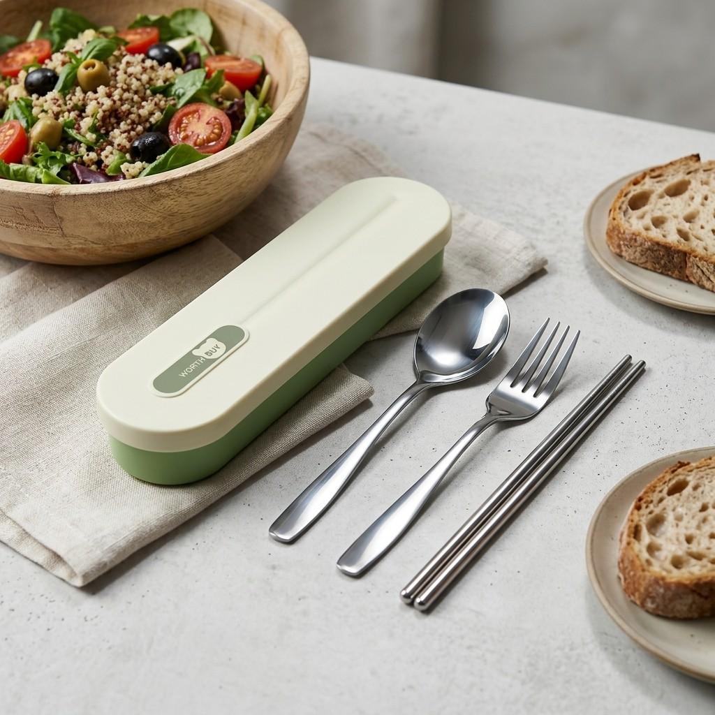 Portable Stainless Steel Cutlery Silverware Set Spoons Forks Chopsticks Tableware with Organizer Case Kids Travel School Lunch