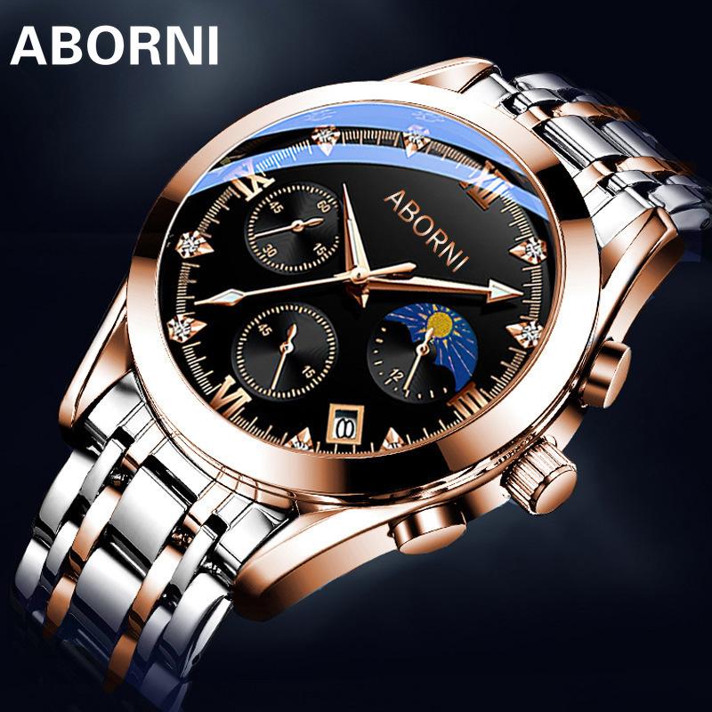 

ABORNI Watch Водонепроницаемые светящиеся в темноте многофункциональные мужские часы Мужские модные стальные кварцевые часы