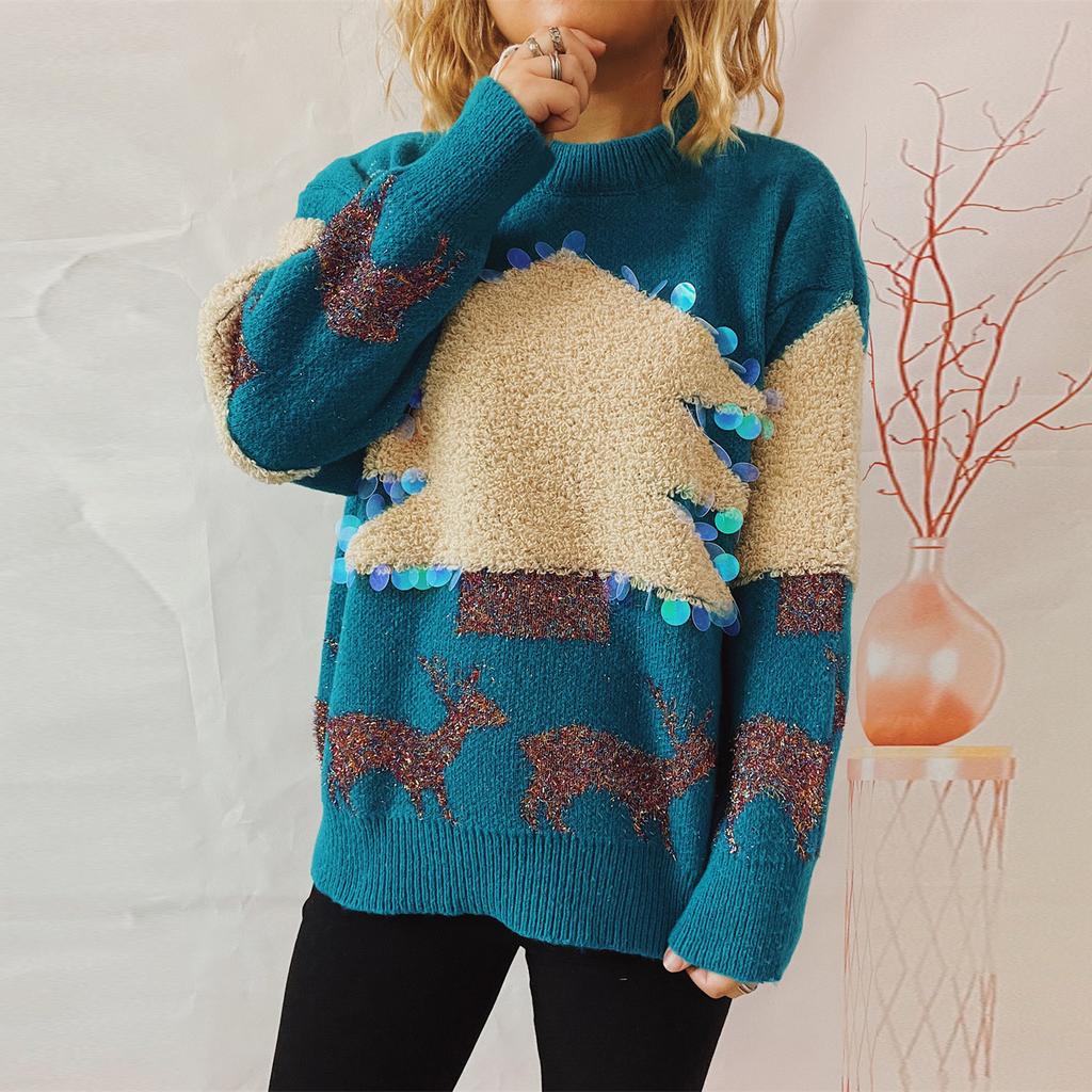 Christmas holiday sweater handmade sequined Christmas tree deer jacquard thick pullover sweater 3605