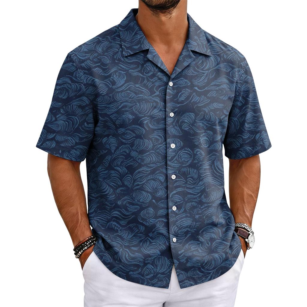 Men's Summer Hawaiian Print Cuban Collar Shirt Short Sleeve Button Down Casual Beach Shirt Lightweight Breathable Fabric