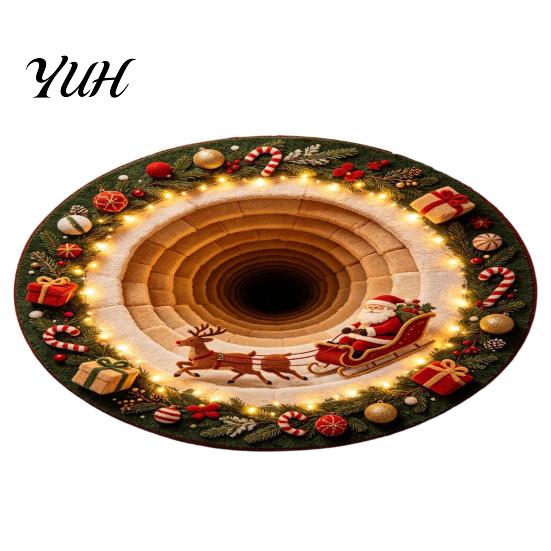 Cozy Indoor Holiday Decorations Christmas Round Area Rug, 3D Visual Trap Floor Mat with Santa Elk Print, Claus Print Rugs Non-Slip Stain Resistant