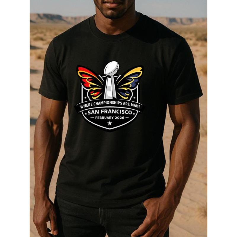 European sizes Championship Trophy and Butterfly 60th Rugby Match Men'S Print Short-Sleeved T-Shirt | Regular Fit, Sweat-Absorbing, Quick-Drying