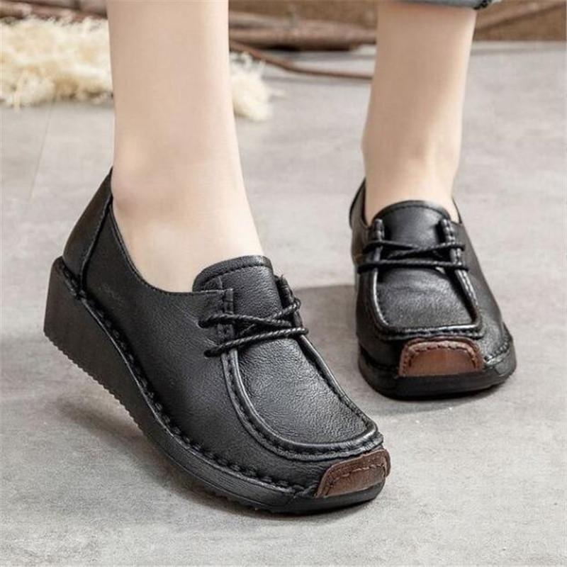 Fashion Women Retro Genuine Leather Flats Sneakers Women Platform Lace Up Flats Shoes Female Wedge Moccasins Woman Casual Shoes