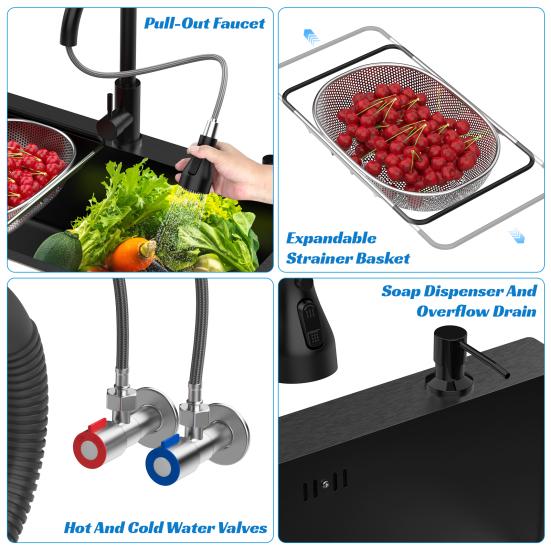 Embedded Mounted Workbench Sink Black Kitchen Sink Embedded/Top Stainless Steel with Cutting Board & Drainage Basket Single Bowl Accessories (31.5 X