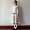 Soft Romantic Floral White Midi Skirt for Women - Summer Elastic Waist Sweet Casual High-Waist A-Line Skirt