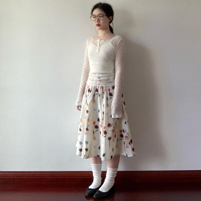 Soft Romantic Floral White Midi Skirt for Women - Summer Elastic Waist Sweet Casual High-Waist A-Line Skirt