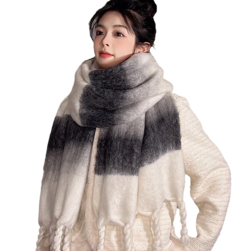 Scarf women's winter advanced sense of gradual change color matching mohair thickened warm new imitation cashmere shawl