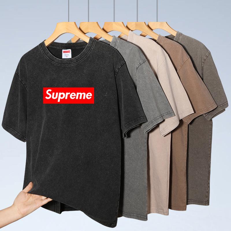 

Supreme 2025 Summer New Washed and Worn Red Classic Letters Printed Short Sleeved T-shirt Made of Cotton Loose and Retro T-shirt M сірий