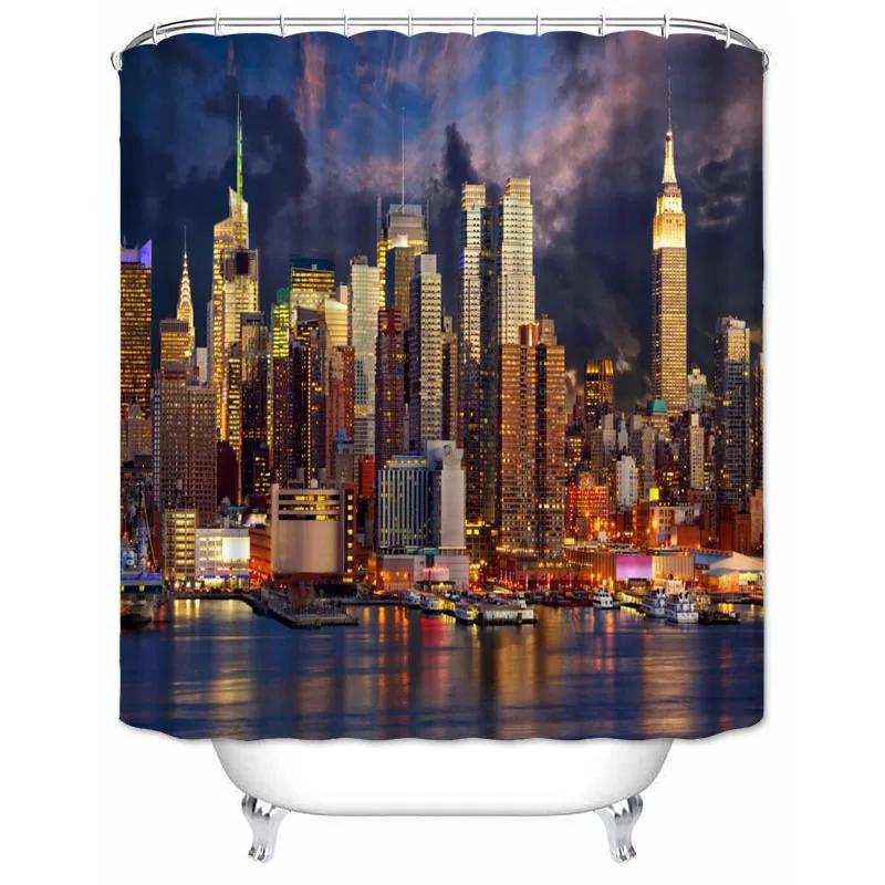 New York City Skyline Building Night View Shower Curtain Modern Bathroom Curtain Polyester Fabric Bath Curtain With Hooks