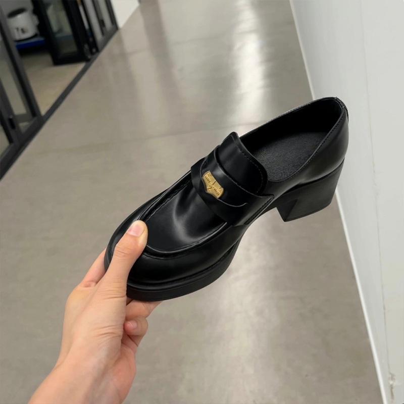 Super soft leather version~ small gold coin loafers women's British platform high heels thick heel French jk lazy small leather shoes