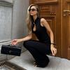 2026 Womens Fashion Solid Color Cutout Waist Top High Pleated Pants Set Casual Outfit