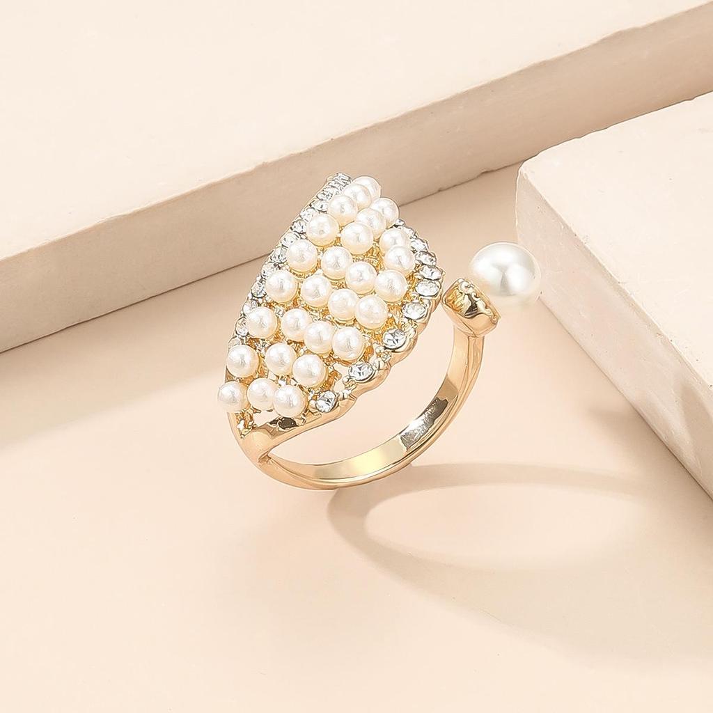 Chic Double Layer Pearl Alloy Geometric Open Ring - Unique Design