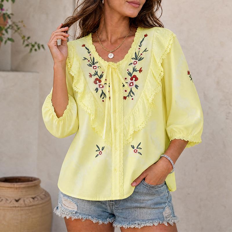 ZANZEA Women Summer Lace Splice V-Neck Floral Print Casual 3/4 Sleeve Blouse