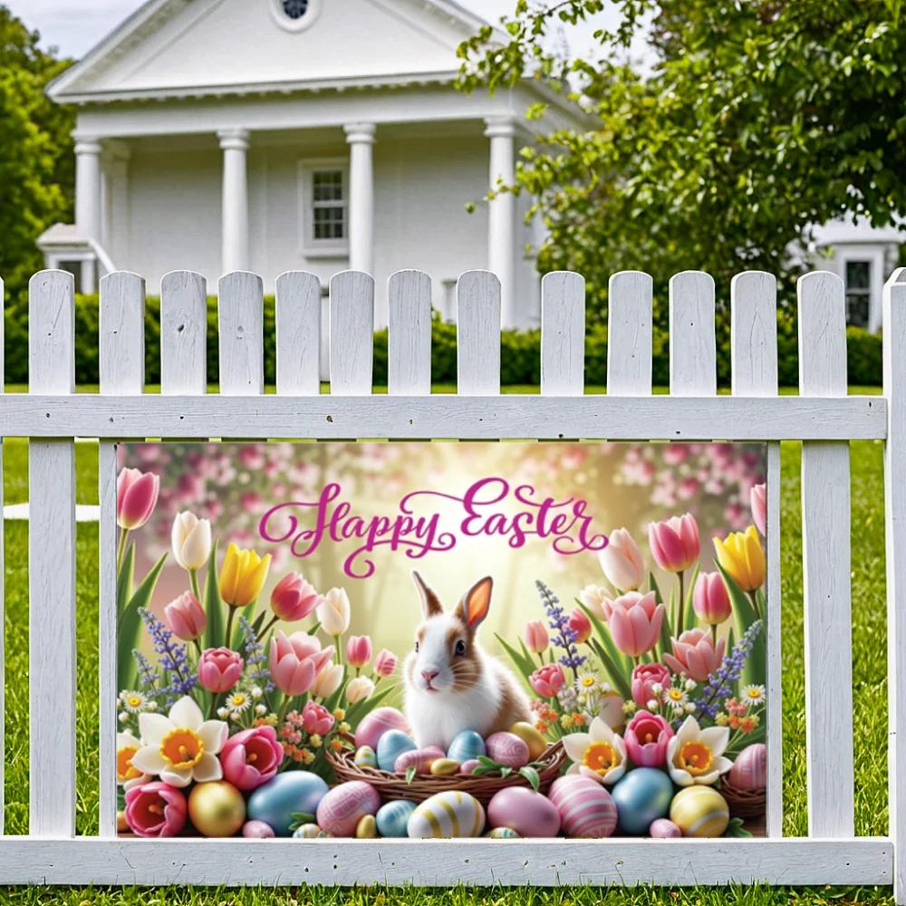 Cute Tulip Eggs Bunny Background Colorful Easter Hanging Banner Courtyard Indoor Outdoor