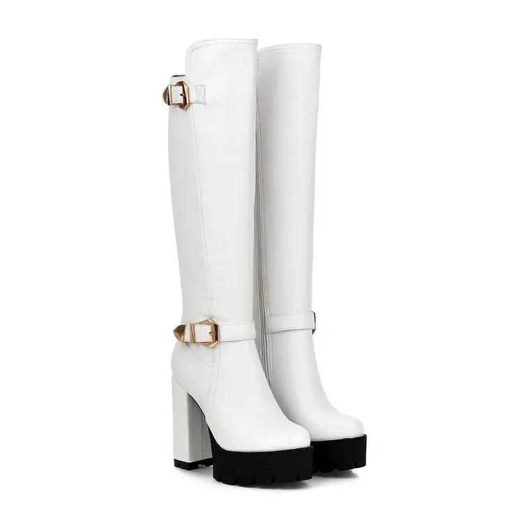Women's Boots Autumn Winter New Style Fashion Belt Buckle Round Head Zipper Thick Heel High Heel High Boots