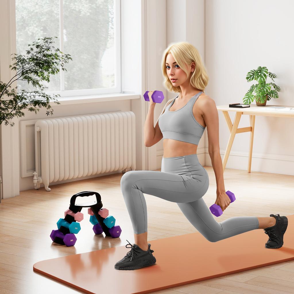 Dumbbells Set with Storage Rack, 2 X 1kg, 2 X 2kg, 2 X 3kg, Pink