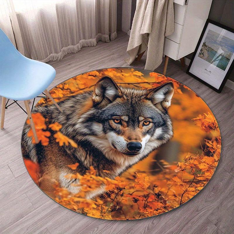 

Round Crystal Velvet Rug Wolf Autumn Leaves Orange Background Wildlife Animal Print Round Rug for Living Room Bedroom FloorDecor 60cm x 60cm