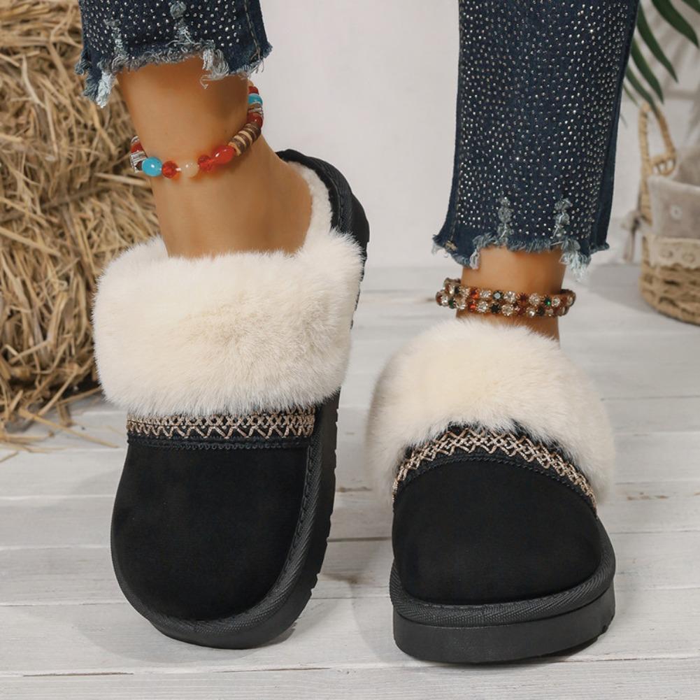 Fashion Bohemian Style Thick Bottom Cotton Shoes Women 2025 Winter Closed Toe Faux Fur Slippers Woman Slip On Outdoor Platform Shoes