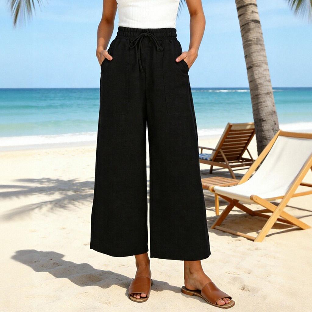 Women's Mid-length Color Drawstring Casual Pants, High-waisted, Loose Wide-leg Pants