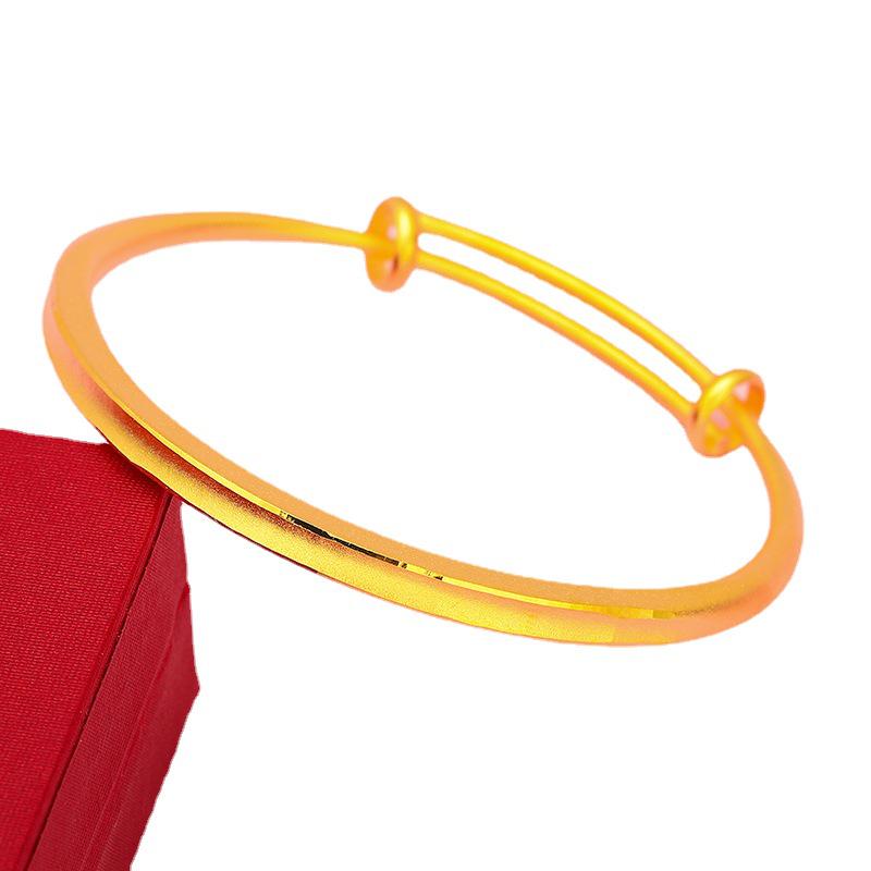 Vietnamese Carved Flower Gold Push-Pull Bangle, Frosted Rhombus Design for Women