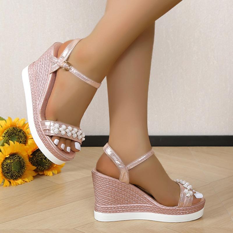 Women Platform Sandals 2024 Summer Pearl Transparent Rhinestones High Heels Buckle Fashoin Ladies Wedge Sandals Beach Shoes