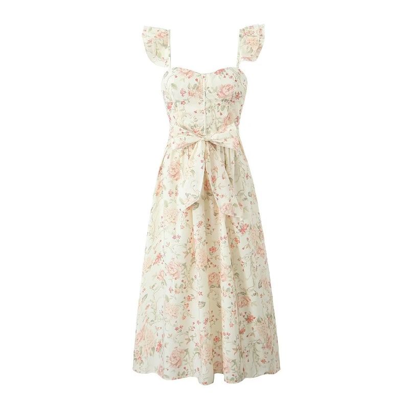 

V.C British Garden Stylish Sweet Floral Skirt Fishbone Fitted Waist Bowknot Split Flounced Sleeve Sling Dress Floral (hairline) L