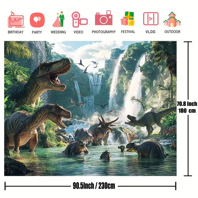 Prähistorische Dinosaurierfamilie Kulisse Dschungel-Wasserfall-Szene Hintergrundtuch für Kindergeburtstagsparty