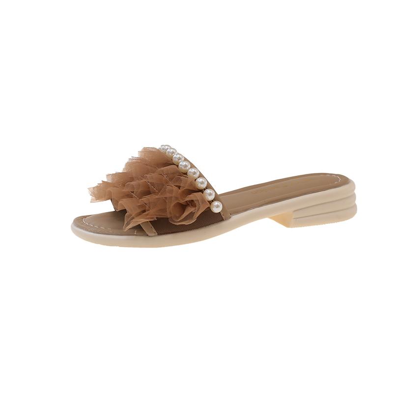 

Fashion Beaded Mesh Flip-flops Summer New Round Toe Open Toe Soft Sole Non-slip Wear-resistant Low Heel Shoes 35 хаки