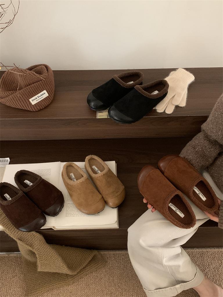 2025 Autumn and Winter Outer Wear Ugly Cute Big Head Female Retro Bag Head Cotton Fluffy Half Slippers Velvet Warm One Pedal Lazy