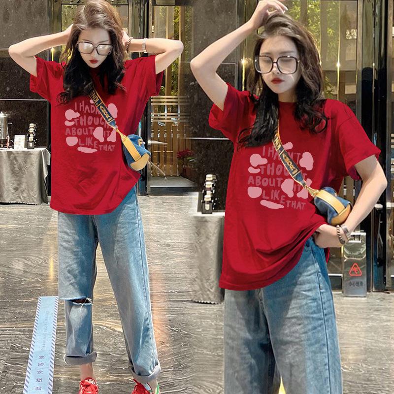 Pink Short-sleeved T-shirt Women's Crew Neck Pure Cotton Loose American Retro Women's Summer Dopamine Top