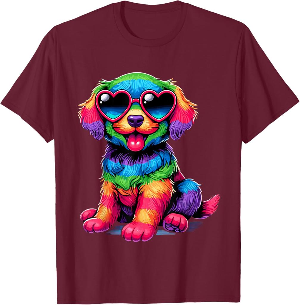 Rainbow Furry Dog With Heart Sunglasses Graphic Print Cotton T-Shirt Casual Trip Wear