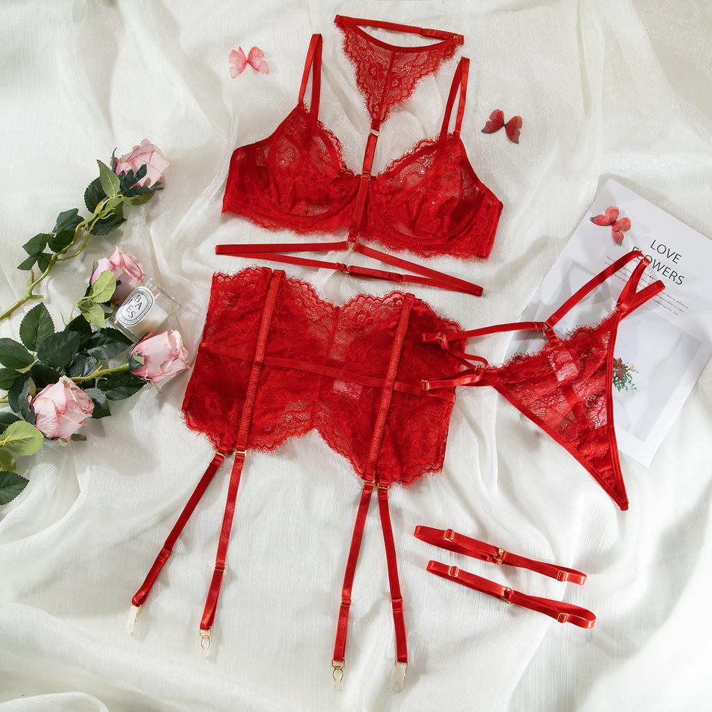 Sexy Lingerie Three-Piece Lace with Halter Foot Ring