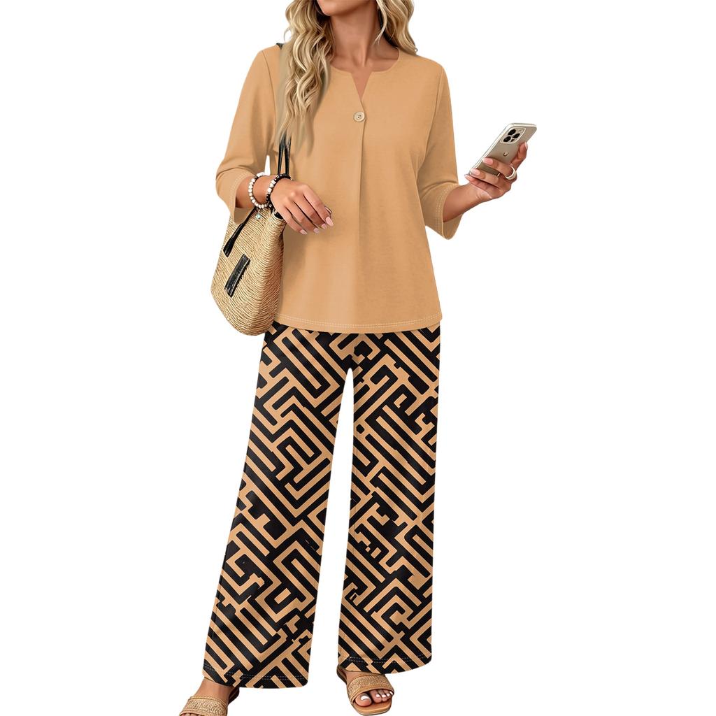 Women's Casual Printed 2 Piece Outfit with 3/4 Sleeve Button Top and Wide Leg Pants Set