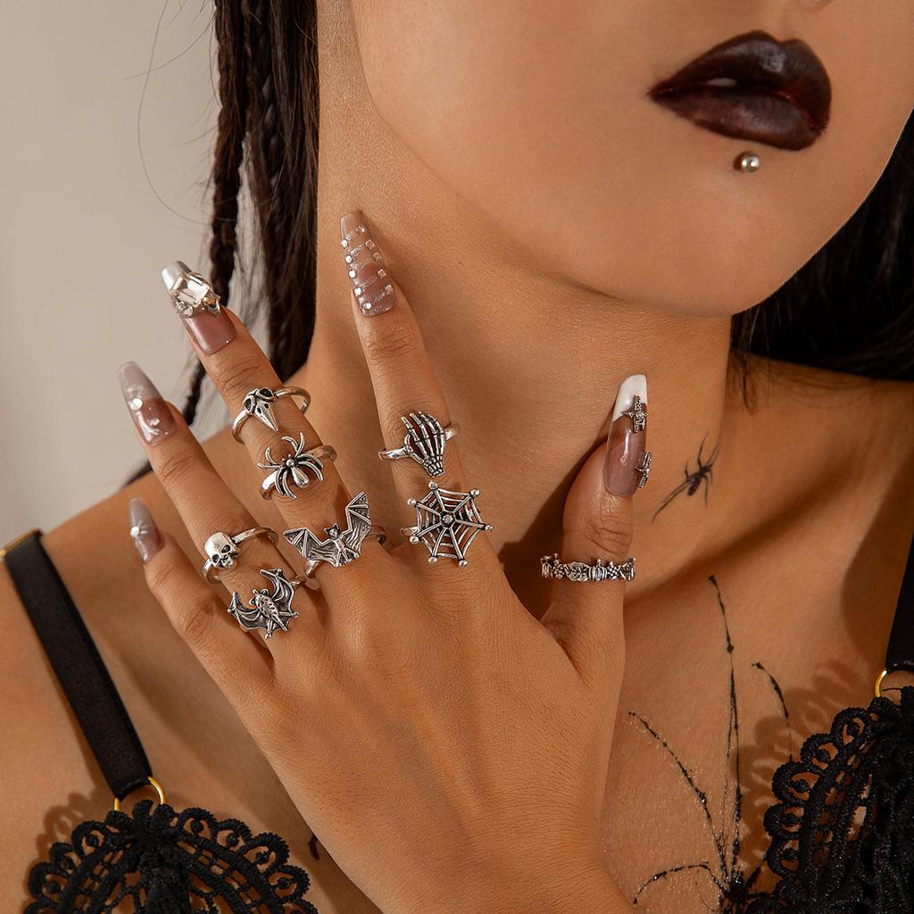 European and American punk dark butterfly skull cut-out face ring multi-piece set personality trend distressed ring set