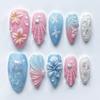 24Pcs Summer Ocean Style Press On Nails with Pearl 3D Blue French Fake Nail Mid-length Almond Wearable False Nail Tips Jellyfish