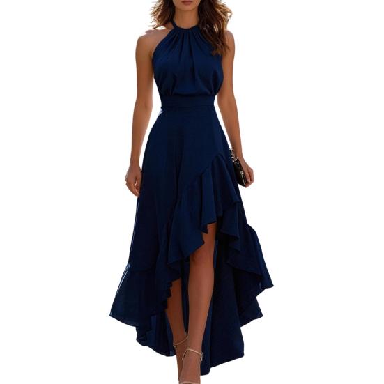 Yousheng Women Cocktail Party Dress, Halter Sleeveless Flowy Long Dress, Ruffled Irregular High Low Wedding Guest Dress