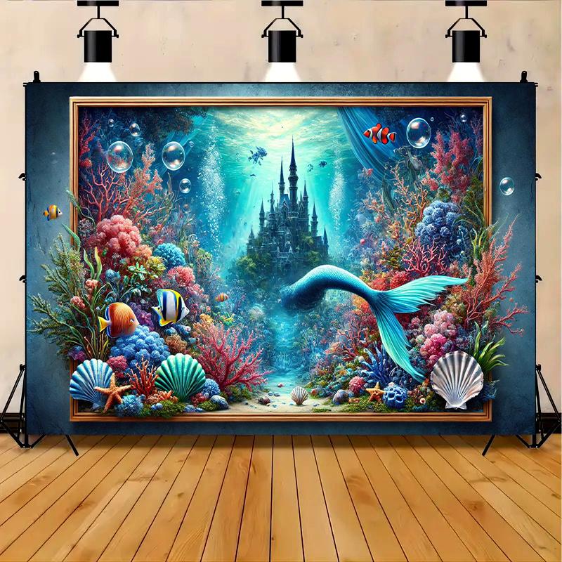 The Mysterious Underwater Fantasy Castle with Mermaid Polyester Backdrop Is Perfect for Festival Events and Outdoor Celebrations
