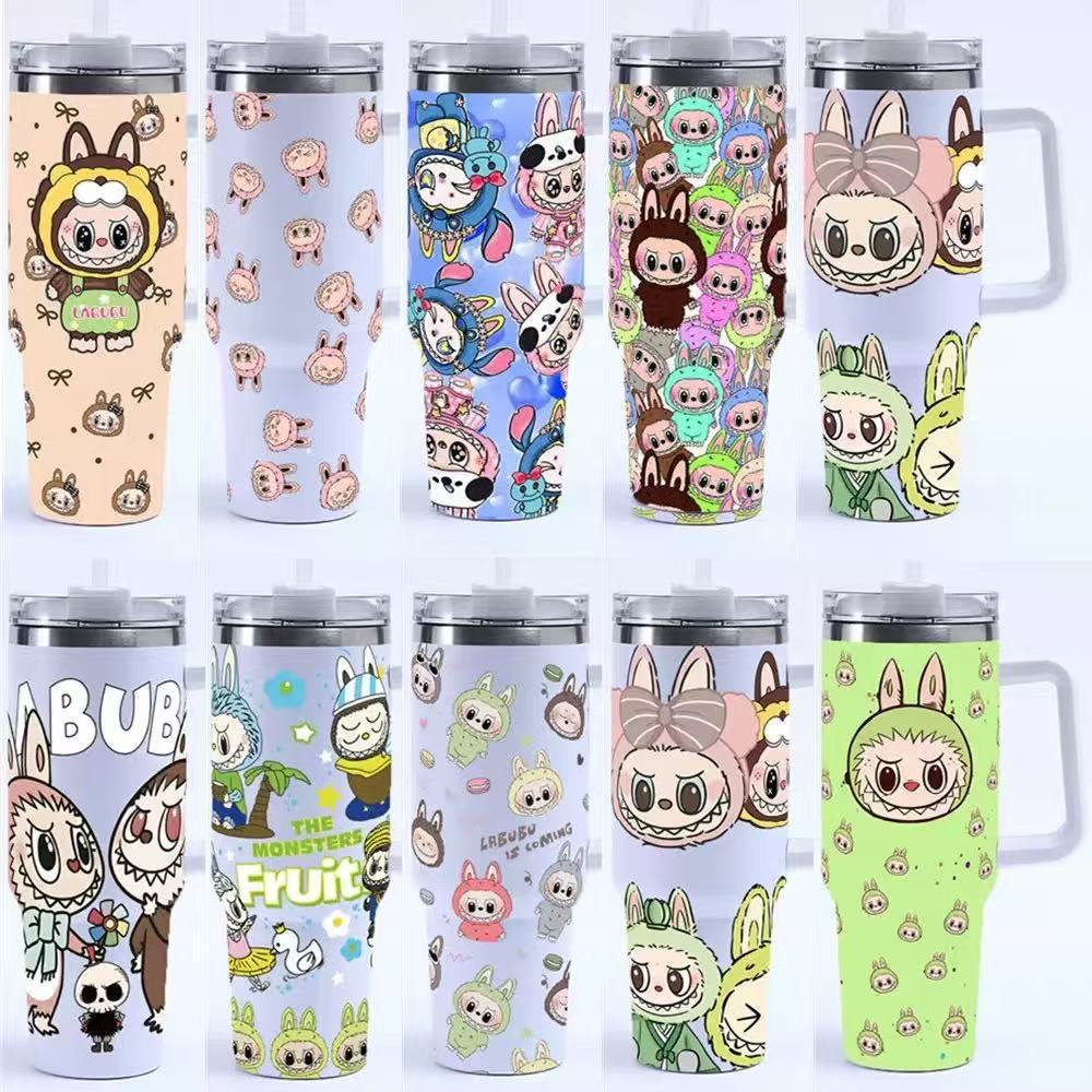 Cartoon Pattern 40oz Car Cup 304 Stainless Steel Thermos Cup Car Straw Bingba Cup