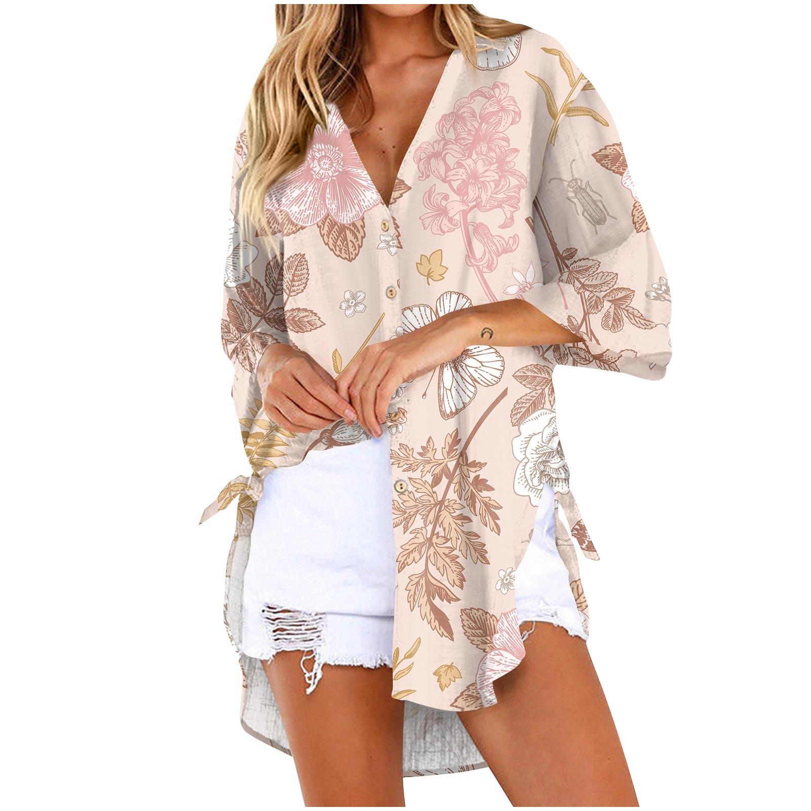 

Женская летняя повседневная свободная льняная рубашка с рукавами 7/4 и персонализированным принтом M розовый