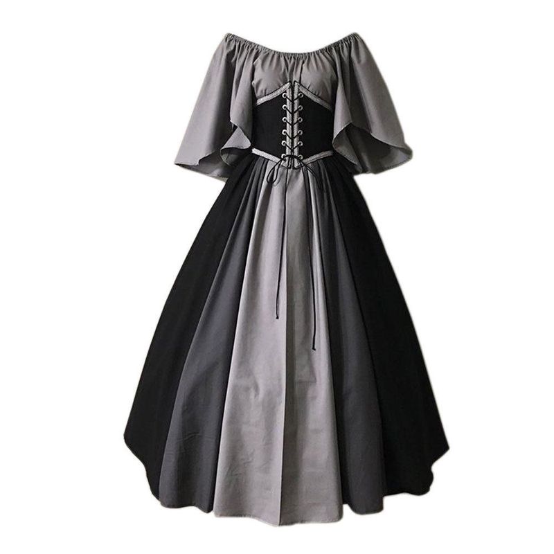 European and American Medieval Retro Color-Blocking Patchwork Dress with Flying Sleeves, Tie-Waist, and Large Hem, Performance Dress Factory