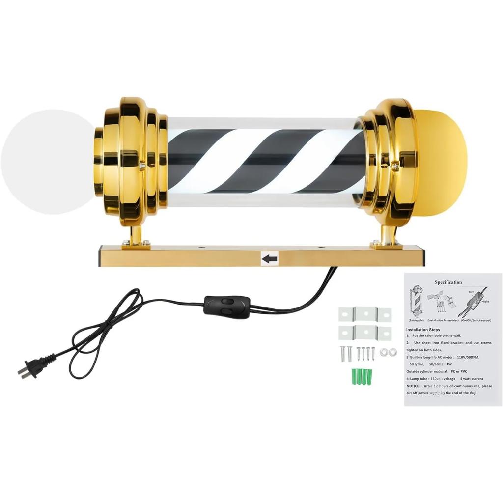 27” Barber Shop LED Pole Light, Golden Black White Rotating Hair Salon Open Sign, IP54 Waterproof, Save Energy, Wall Mount