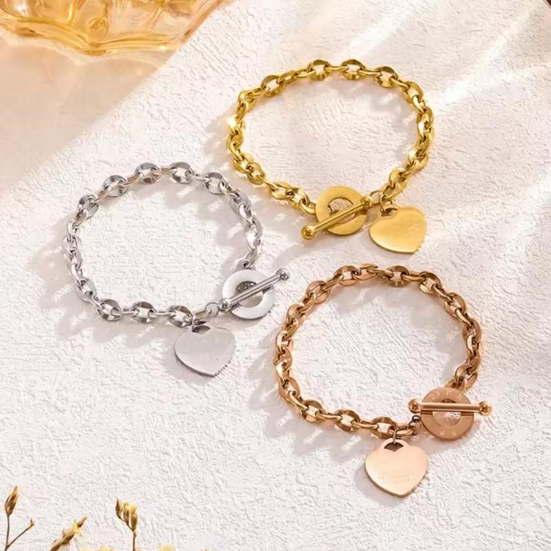 Fashion Titanium Steel Bracelet With Heart Pendant Double Heart OT Buckle Couple Bracelet For Women Unisex Jewelry