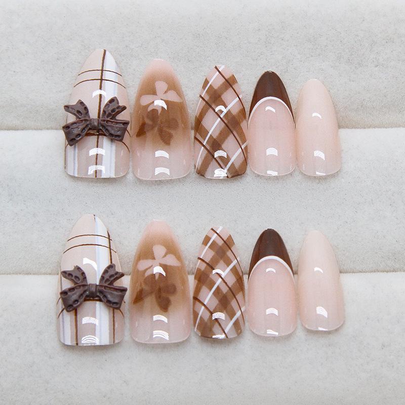 Plaid Bow Ombre French Nails: Autumn/Winter Retro Sweet Style False Nail Stickers, One Size